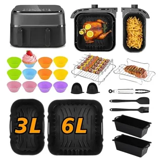 23-teiliges Silikon Backformen Set BPA-frei, passend für 3L+6L Doppelkammer Heißluftfritteusen, hitzebeständig & spülmaschinenfest - Schwarz