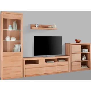 OTTO home Wohnwand OTTO HOME "Silkeborg: 4-teilig, Breite: 310cm, Griffmulden, Fronten Massivholz", beige (kernbuche teilmassiv), Holzwerkstoff Kernbuchefarben (Korpus)/ Massivholz Kernbuche (Front), Holz teilmassiv, Kastenmöbel-Sets, Wohnwand, Set besteht aus 1 