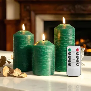AiMok Led Kerzen mit Fernbedienung Timer 3er Set, Flammenlose Kerzenlichter | flackernde Säule Batteriebetriebener Stumpenkerzen aus Echtwachs für Adventskranz Weihnachten Hochzeit Deko, Grün