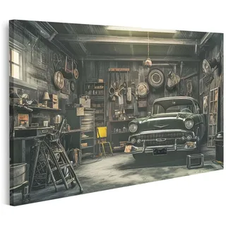 islandburner Bild auf Leinwand Klassisches Auto in einer alten Garage für Wohnzimmer Autoliebhaber Autohaus Bilder Wandbilder Poster