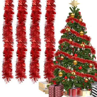 Lametta Weihnachtsbaum Rot 4X 3M Girlande Weihnachten - Weihnachtsgirlanden Glänzend Lametta Girlande Ø 9 cm Weihnachts L-ametta G-irlande für Weihnachtsdekoration Kamin Treppengelände Deko(Rot)