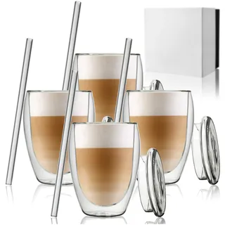 ANWA® DESIGN 4 Doppelwandige Kaffeegläser/Thermogläser (350ml Volumen) mit Deckel, inkl. 4 Glasstrohhalme - Cappuccino Gläser - Latte Macchiato Gläser doppelwandig