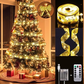 Lecone 2 Stücke Weihnachtsband Lichter,12M(2 * 6M) 120 LED Bänder Lichterketten,Batteriebetriebene Weihnachtslichterkette,für Urlaub,Party,Hochzeiten,Innen und Außenbereich Weihnachtsdekoration