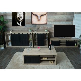 Wohnzimmerset aus TV-Rack, Sideboard, Kommode und Couchtisch MCW-K75, Schiebetür Staufächer, Industrial ~ naturfarben