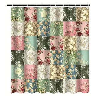 Diwzbyn Duschvorhang Vintage-Boho-Badezimmerdeko mit rosa Blumen, 80x200cm/180x180cm Breite 180 cm, Patchwork-Blumendesign im Landhausstil, mit 12 transparenten Ringen 180 cm x 180 cm