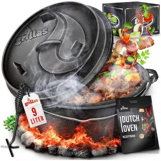 grillas Grilltopf grillas Dutch Oven Set mit Deckelheeber BBQ Gusseisen Feuertopf Gussto, Gusseisen (Dutch Oven Set, Feuerstelle), Henkel 9 l