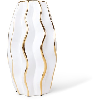 fanquare Weiße Keramik Vase mit Goldrand, Handgemachte Modernes Stil Blumenvase Wellenmuster Deko für Pampasgras, Höhe 25 cm