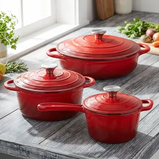 Premium Gusseisen Topfset 3tlg. in Rot - Emaillierter Schmortopf Set mit Deckel (17 cm, 22cm & 28cm) - Ideal für Induktion, Backofen & alle Herdarten