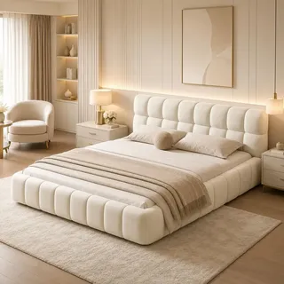 PRTECY Polsterbett Bubble Bett 140 x 190 cm Doppelbett mit Lattenrost und weicher Rückenlehne Flachbett Gästebett Jugendbett für Schlafzimmer und Gästezimmer(Ohne Matratze) (Beige, 140 x 190 cm)