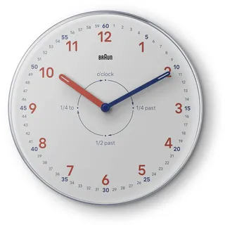 Braun Analoge Zeitlehrer Wanduhr mit geräuschlosem Quarzwerk, leicht ablesbarem Ziffernblatt, 23 cm Durchmesser in Weiß, Modell BC26TW
