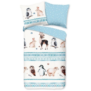 Bettwäsche Comfort Baumwolle, Traumschloss, Flanell, 2 teilig, Wintertiere auf blau weißem Hintergrund blau