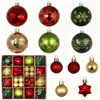 44 Stück Christbaumkugeln Rot Grün Gold,6CM/3CM Weihnachtskugeln Set Kunststoff mit Aufhängen Bruchsicher Ornamente Weihnachtsbaum Kugeln Weihnachtsbaumschmuck für Weihnachtsdeko Innen Aussen
