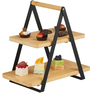 Relaxdays Etagere, Bambus, Metall, länglich, Griff, Kuchen, HBT 33 x 34 x 19 cm, Servierständer, natur/schwarz