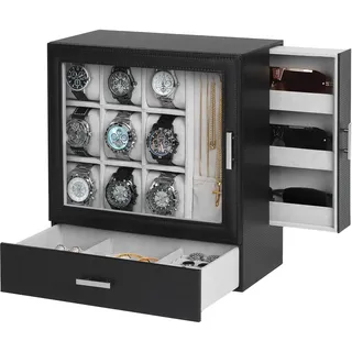 9-Slot Uhrenvitrine mit Halskettenhalter, Luxus Herren Schmuckkästchen mit Schublade, Stehende Uhrenbox für Männer mit klarem Deckel, Uhrenetui für Sonnenbrille, Vertikale Aufbewahrung, Platzsparend