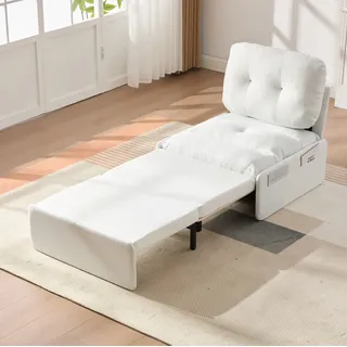 Schlafsessel 81.5x92x90 Cm Weiß Leinen Mit Ausziehbett Und Seitentaschen