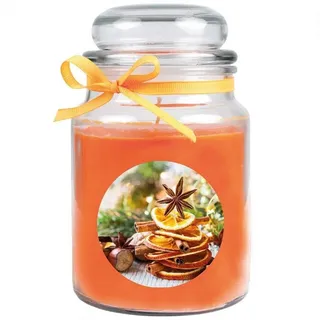 HS Candle Duftkerze (Dekokerze, 1-tlg), Weihnachten - Kerze im Bonbon Glas, Kerze mit Weihnachts - Motiv orange Ø 10 cm x 10 cm x 16 cm x 10 cm