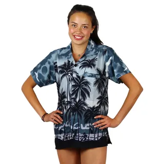 V.H.O. Funky Hawaiibluse Hawaiihemd Damen Kurzarm Fronttasche Hawaii-Print Strand Beach Palmen Diverse Farben - M