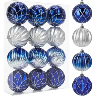 Arborus 12 Stück Christbaumkugeln 8 cm Weihnachtsbaumkugeln Kunststoff Weihnachtsbaumschmuck Set Geriffelt Tannenbaumkugeln Blau Baumkugeln Weihnachten Deko Christmas Deko Christmas Schmuck
