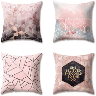 Hengjiang Weicher Plüsch-Samt-Kissenbezug, nordischer Stil, grün, rosa, weiß, schwarz, grau, geometrischer Druck, 18 x 18/45 x 45 cm 4 Stück
