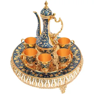 Densony Vintage Teeservice Set mit 6 Teegläsern und Tablett, Teekanne 280ml, Teetasse 25ml in Gold und Dunkelblau, Elegantes Kaffee,Teeset für Wohnzimmer, Esszimmer und Büro