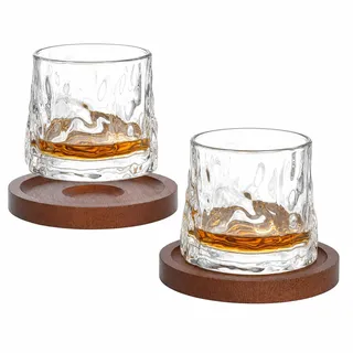 YPLANGENT Drehbare Whisky Gläser 180 ML, 2er Set mit Untersetzern, Drehbares Whiskey gläser aus Hochtransparentem Glas, Gehämmertes Muster, für Whisky, Rum, Bourbon, Cognac, Geschenk für Männer
