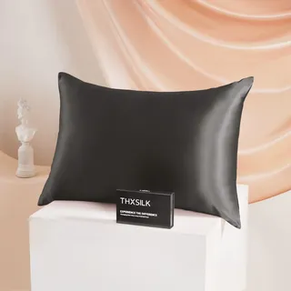 THXSILK 25 Momme Seide Kissenbezug für Haar und Haut - Maulbeerseide Kissenbezug - Hypoallergen mit Versteckter Reißverschluss - Pure Seide auf Beide Seiten ... (Luxus-Schwarz, 40x80cm)