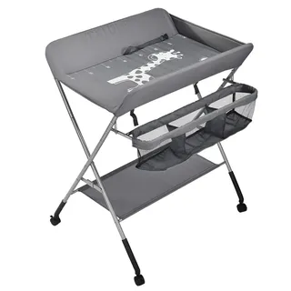 Homewell Baby Wickelkombi Wickelkommode, Mobile Wickeltisch Klappbar, mit Wickelauflage, Sicherheitsgurt, Ablagefächern, süßem Muster und Höhenangabe, Stabil und Bequem (Grau-Tief)