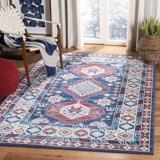 SAFAVIEH Stammes-inspiriert Teppich für Wohnzimmer, Esszimmer, Schlafzimmer - Kazak Collection, Kurzer Flor, Marineblau und Rot, 160 X 229 cm