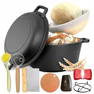 Brotbackform mit Deckel inkl. Gärkorb - Robuste 26cm Backform aus Gusseisen - Ideal als Kastenform, Toastbrot Backform, Brotform, Gusseisen Topf Brot - Schwarz