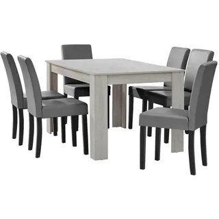 [en.casa] Esstisch Eiche weiß mit 6 Stühlen hellgrau Kunstleder gepolstert 140x90 cm, Esszimmer, Bänke, Tisch- & Eckbankgruppen