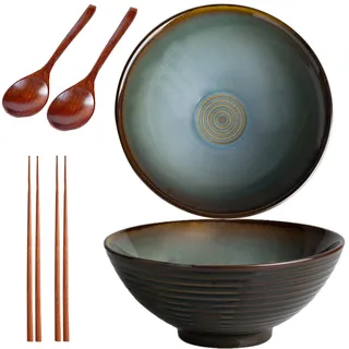 2 * 1200ML Ramen Schüssel Set,Schüssel Keramik,Ramen Bowl(Ramen Set Mit Ramenlöffel,Essstäbchen),Suppenschalen Set für Nudelschüssel,Snack,Salatschüssel,Große Schüssel(Vintage Grün)