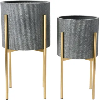Main + Mesa, Moderne Boho-Blumentöpfe aus Metall mit Prägung und Ständern, Anthrazitgrau und Gold, 2er-Set in verschiedenen Größen