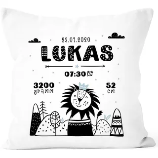 SpecialMe® personalisierbare Kissen-Hülle zur Geburt Löwe Scandi Style Geburtskissen Namenskissen Geschenk Geburt Baby Weiss Unisize