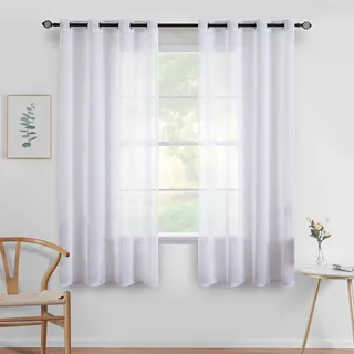 MIULEE Gardinen Kurz mit Ösen Transparente Optik Gardine Ösenvorhang Ösenschal Transparent Durchsichtig Vorhang Kurz für Schlafzimmer Wohnzimmer 140x137 cm (B x H) 2er Set Weiß