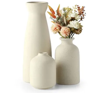 BlingBin Dekovase 3er-Set Keramik Vasen, Kleine Blumenvasen für Schnitt-/ Trockenblumen (3er Set, 3 St., Pampas-Vase: 21x8,3 cm;Klein Vase: 12,4x 6,8cm;Knospen Vase: 6,6x6,6cm), Dekorative für Pampasgras & Getrocknete Blumen, Für Regal,Tisch beige