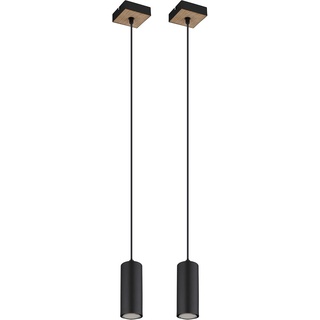 Lampe skandinavisch Hängeleuchte Hängelampen Wohnbereich Modern Pendelleuchte einflammig, Metall schwarz MDF Holzoptik, 1x GU10 Fassung, LxBxH 9x9x120 cm, 2er Set