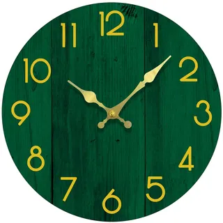 Mabpedo 20cm Wanduhr Ohne Tickgeräusche, Moderne Wanduhren Akku Betrieben | Analog Vintage Wanduhr Lautlos, Holz (MDF) Material, Wand Uhr Dekorativ für Wohnzimmer, Büro, Zuhause, Schule (Grün, Gold)