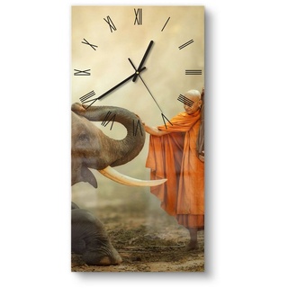 DEQORI Wanduhr 'Buddhist berührt Elefant' (Glas Glasuhr modern Wand Uhr Design Küchenuhr) grau|orange 30 cm x 60 cm