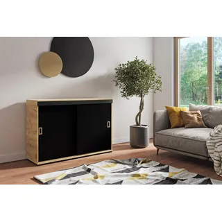 KIER FURNITURE Sideboard Mit Schiebetür – Wohnzimmerschrank – Schrank Wohnzimmer – Sideboard Wohnzimmer Schmal – Kommode Flur – Farbe Eiche Craft Gold + Schwarz – 140x45x94cm