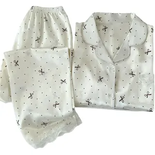 Gyios Schlafanzug Neue Koreanische-Stil Elegante Junge Damen Pyjamas Sommer Ankunft Kurzarm Polka Dot Schleife EIS Seide Pyjama Set Homewear Set-2251-1xl