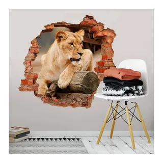 K&L Wall Art Wandtattoo 3D Wandtattoo Wilde Tiere Löwe Safari Kinderzimmer Afrikanische Löwin, Mauerdurchbruch Wandbild selbstklebend bunt 60 cm x 57 cm