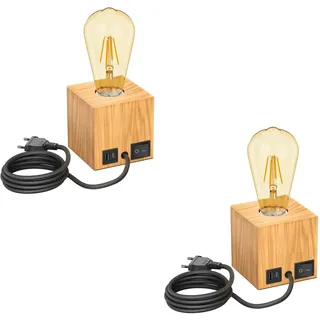 ledscom.de 2x Tischlampe HITO, Holz massiv, eckig, USB, inkl. E27 Lampe Retro, gold, 489lm, extra-warmweiß