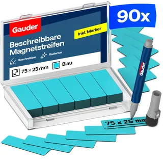 GAUDER Magnetetiketten beschreibbar - Magnetstreifen beschreibbar - Beschreibbare Magnete zum Beschriften - Magnetschilder zum Beschriften - Kanban-Board - Inkl. Marker (90 Stück - 75 x 25 mm)