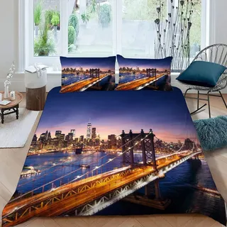 RFFLUX 3D New York Bettwäsche Set 135x200 cm 2teilig mit Reißverschluss Weiche und Angenehme Schlafkomfort Microfaser Bettbezug Modern Stadt Landschaft Kinderbettwäsche mit Kissenbezug 80x80 cm