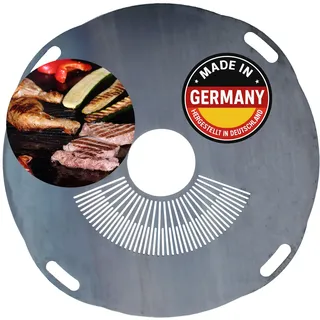 summersbay Premium Feuerplatte 100 cm - 5mm dick - Grillring & BBQ-Platte (mit Feinem Grillrost) & 4 Handgriffen - Ultimatives Grilldisk-Erlebnis für Feuertonnen & Feuerring