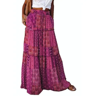 BETYFUL Maxi Rock Damen Langer Sommer Blumen Boho Hohe Elastische Taille Maxirock Stufenrock mit Taschen,A-Linie Strandrock - L