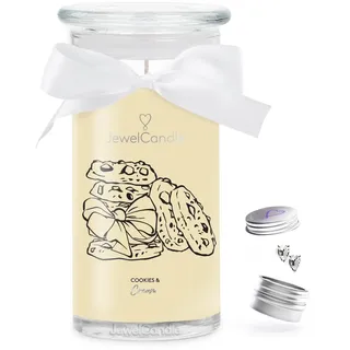 JuwelKerze Cookies & Cream Ohrringe Silber - Schmuckkerze 80 Std - große Duftkerze mit Orientalischem Duft - beige Kerze mit Schmuck Überraschung als - Geschenke für Frauen, Geburtstag