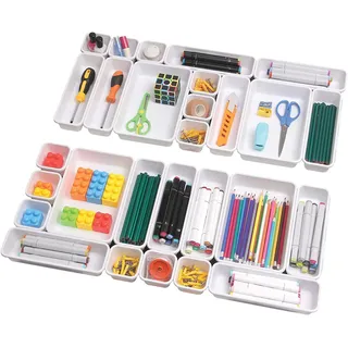 SENENQU 24 Stück Schubladen Ordnungssystem Büro, Kunststoff Schreibtisch Organizer Schubladen, Schublade Organizer Büro für Küche, Badezimmer, Büro Zubehör, Schminktisch, Schlafzimmer - Weiß