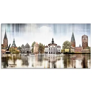 Glasbild ARTLAND "Lüneburg Skyline Abstrakte Collage" Bilder Gr. B/H: 100 cm x 50 cm, Glasbild Deutschland Querformat, 1 St., blau Glasbilder in verschiedenen Größen