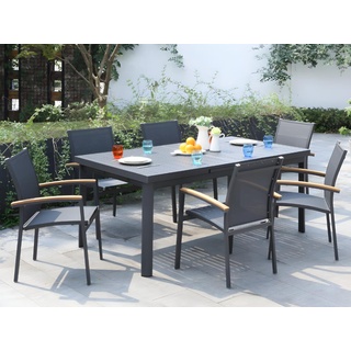 Garten-Essgruppe: Tisch ausziehbar 180/240 cm + 6 stapelbare Sessel - Aluminium - Anthrazit - NAURU von MYLIA